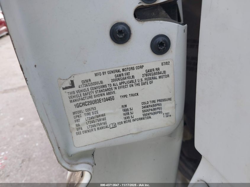 2003 Chevrolet Silverado 2500Hd Ls VIN: 1GCHC29U83E104450 Lot: 43713547