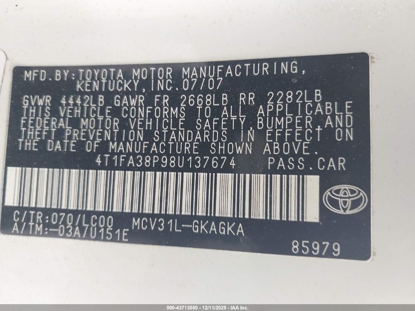 2008 Toyota Camry Solara Sle VIN: 4T1FA38P98U137674 Lot: 43713550