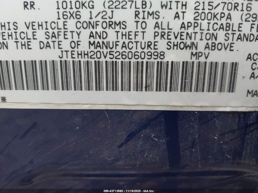 2002 Toyota Rav4 VIN: JTEHH20V526060998 Lot: 43713560