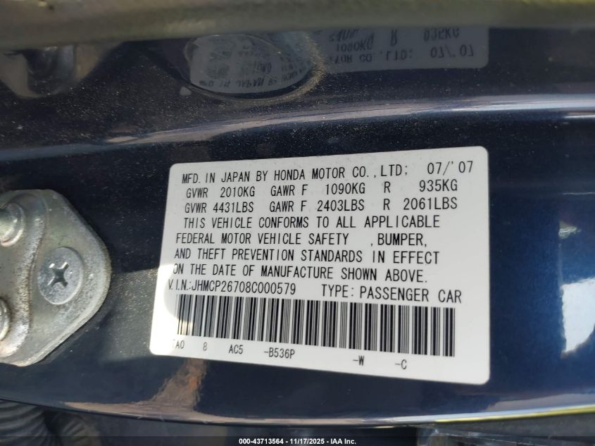 2008 Honda Accord 2.4 Ex VIN: JHMCP26708C000579 Lot: 43713564