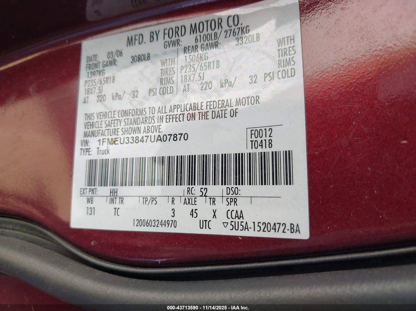 2007 Ford Explorer Sport Trac Limited VIN: 1FMEU33847UA07870 Lot: 43713590