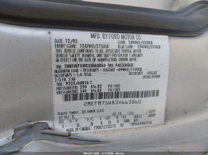 2003 Mercury Grand Marquis Ls VIN: 2MEFM75W83X663860 Lot: 43713595