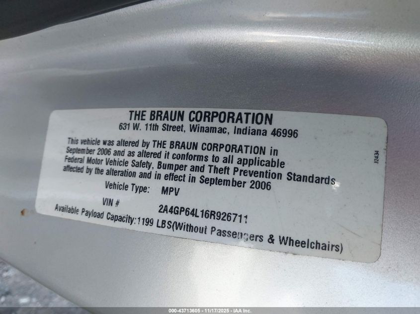 2006 Chrysler Town & Country Limited VIN: 2A4GP64L16R926711 Lot: 43713605