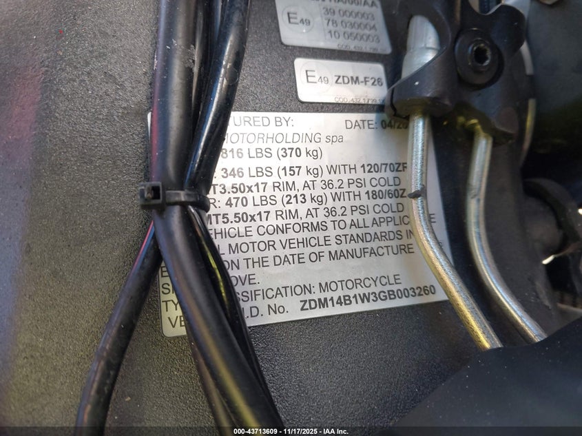 2016 Ducati Superbike 959 Panigale VIN: ZDM14B1W3GB003260 Lot: 43713609