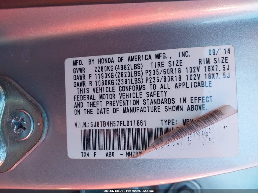 2015 Acura Rdx VIN: 5J8TB4H57FL011861 Lot: 43713621