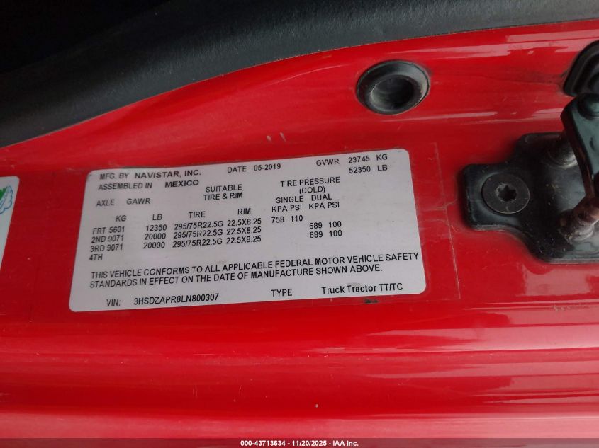 2020 International Lt VIN: 3HSDZAPR8LN800307 Lot: 43713634