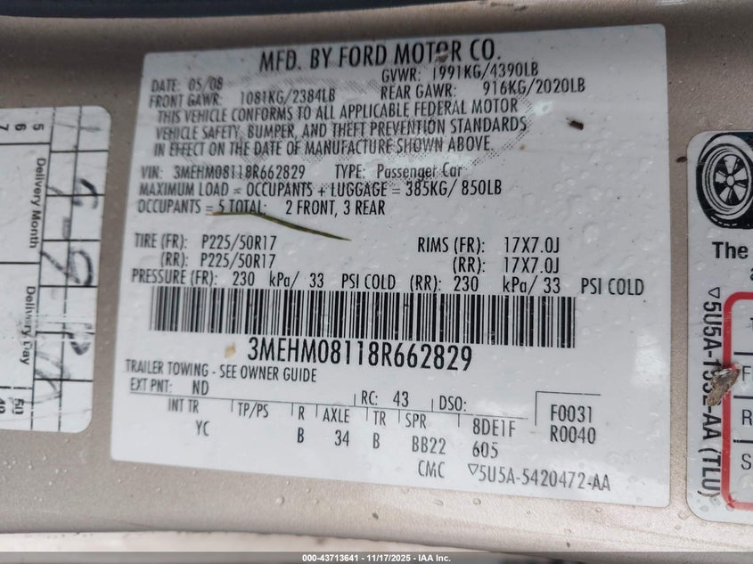 2008 Mercury Milan V6 Premier VIN: 3MEHM08118R662829 Lot: 43713641