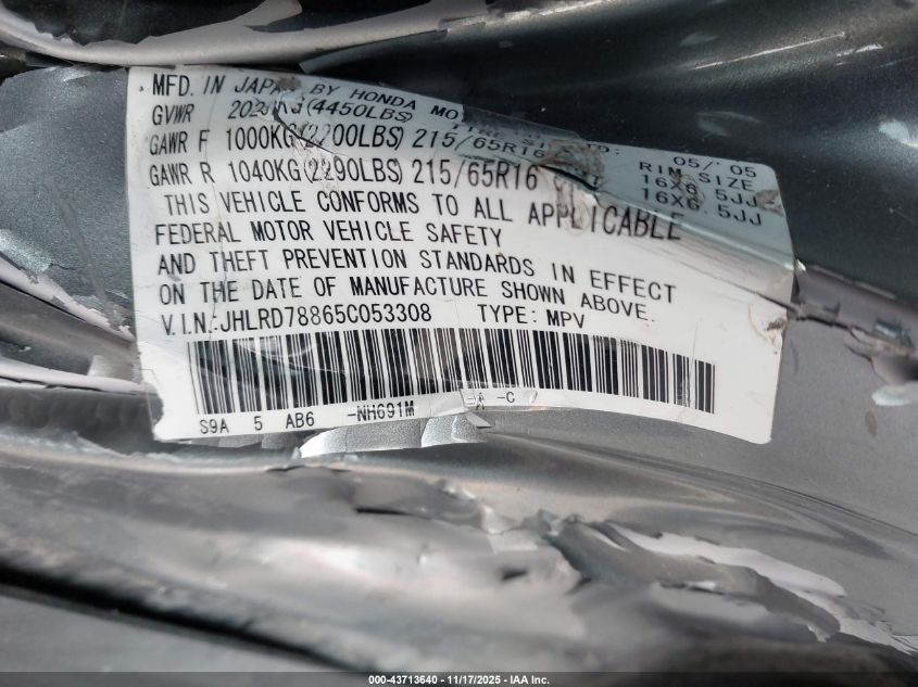 2005 Honda Cr-V Ex VIN: JHLRD78865C053308 Lot: 43713640