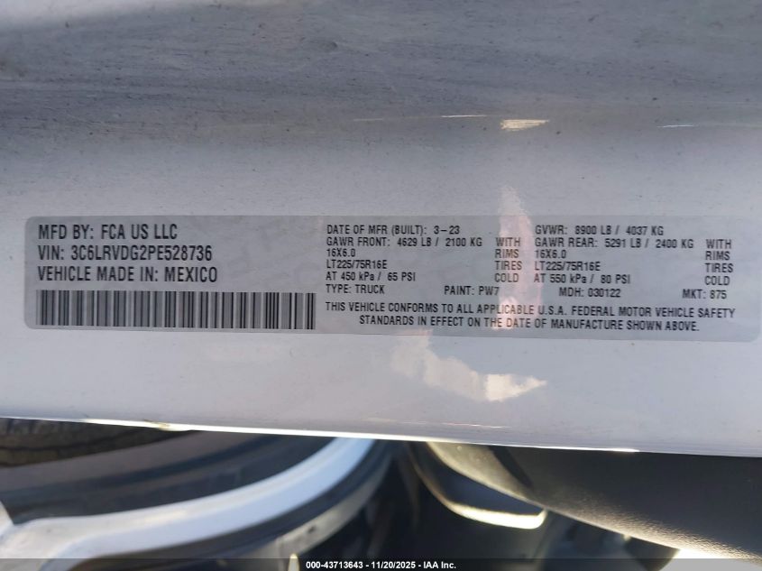 2023 Ram Promaster 2500 High Roof 159 Wb VIN: 3C6LRVDG2PE528736 Lot: 43713643