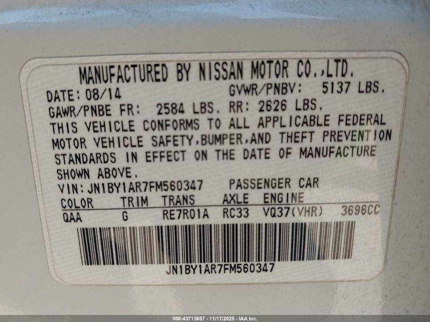 2015 Infiniti Q70 3.7X VIN: JN1BY1AR7FM560347 Lot: 43713657