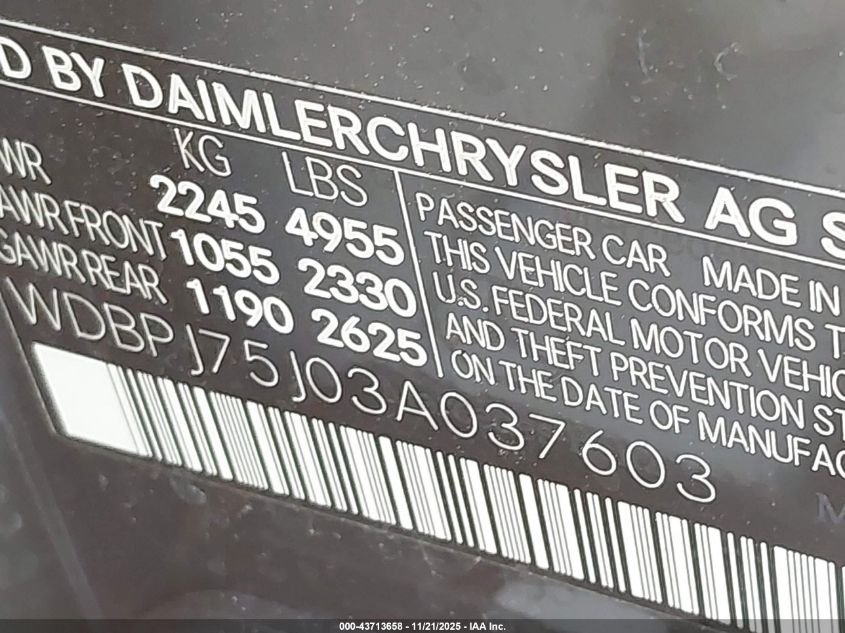 2003 Mercedes-Benz Cl 500 VIN: WDBPJ75J03A037603 Lot: 43713658