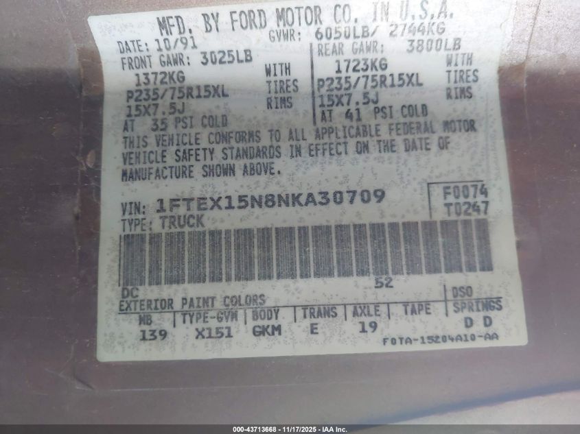 1992 Ford F150 VIN: 1FTEX15N8NKA30709 Lot: 43713668
