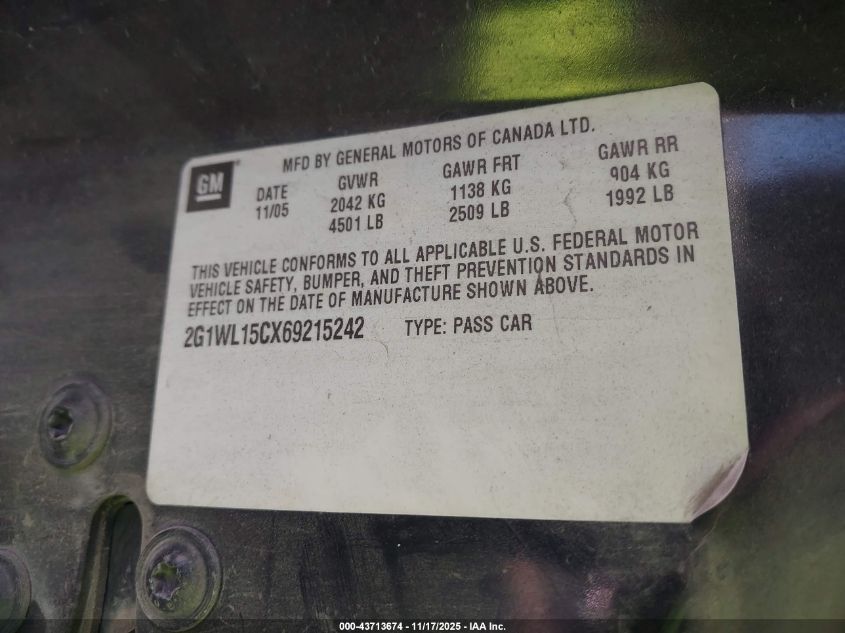 2006 Chevrolet Monte Carlo Ss VIN: 2G1WL15CX69215242 Lot: 43713674