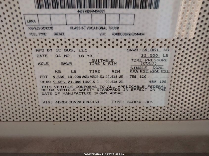 2019 Ic Corporation 3000 Ce VIN: 4DRBUC8N2KB044454 Lot: 43713676