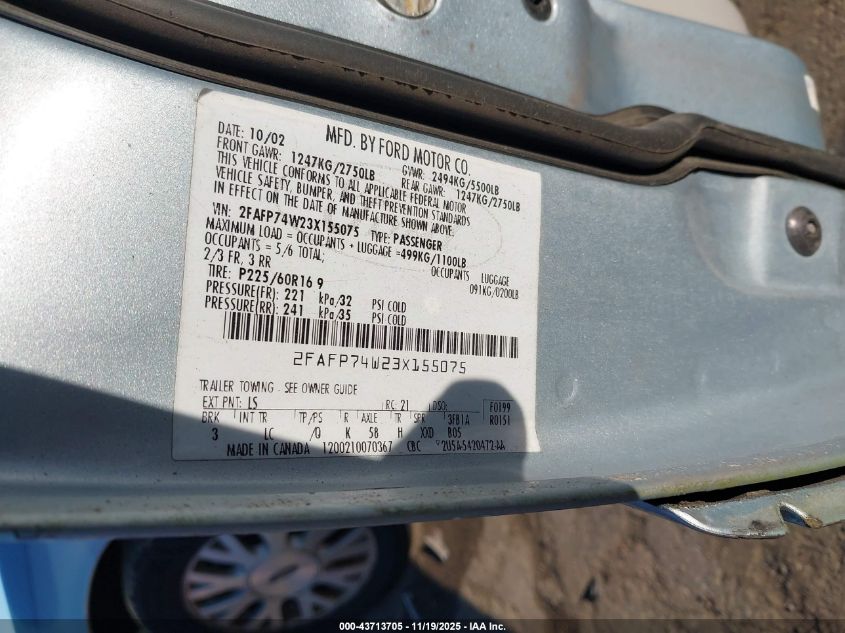 2003 Ford Crown Victoria Lx VIN: 2FAFP74W23X155075 Lot: 43713705