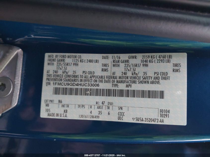 2017 Ford Escape Se VIN: 1FMCU9GD4HUC33006 Lot: 43713707