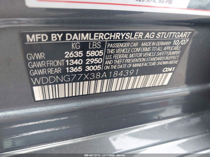 2008 Mercedes-Benz S 63 Amg VIN: WDDNG77X38A184391 Lot: 43713713