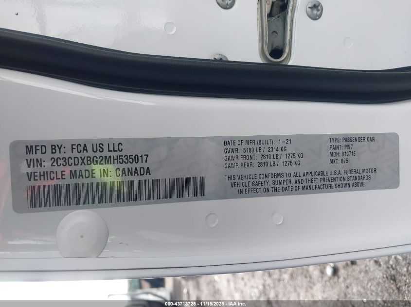 2021 Dodge Charger Sxt Rwd VIN: 2C3CDXBG2MH535017 Lot: 43713726