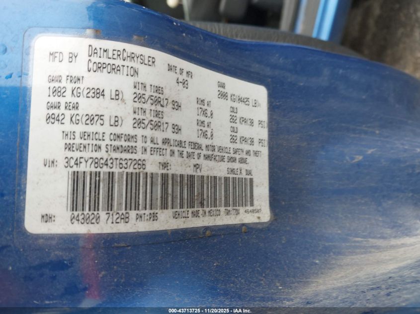 2003 Chrysler Pt Cruiser Gt VIN: 3C4FY78G43T637266 Lot: 43713725