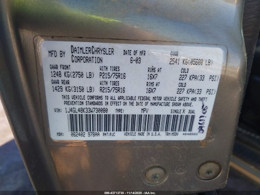 2003 Jeep Liberty Sport VIN: 1J4GL48K33W730080 Lot: 43713730