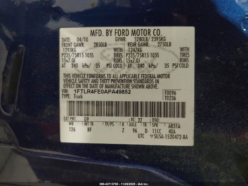 2010 Ford Ranger Xlt VIN: 1FTLR4FE0APA49852 Lot: 43713750