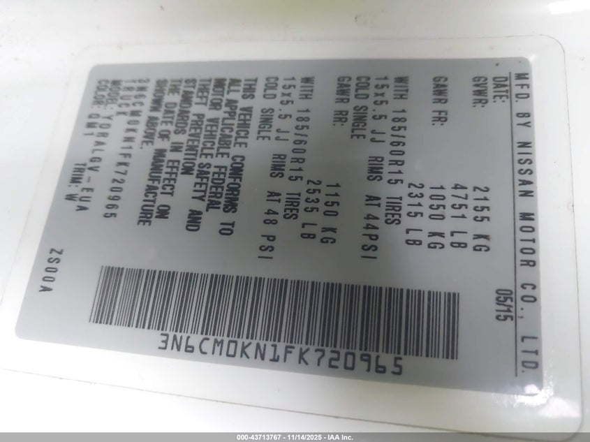 2015 Nissan Nv200 Sv VIN: 3N6CM0KN1FK720965 Lot: 43713767