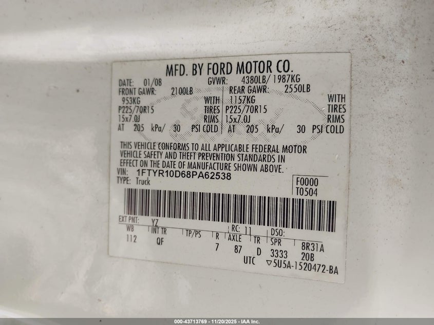 2008 Ford Ranger Xl/Xlt VIN: 1FTYR10D68PA62538 Lot: 43713769