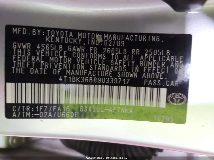 2009 Toyota Avalon Xl VIN: 4T1BK36B89U339717 Lot: 43713781