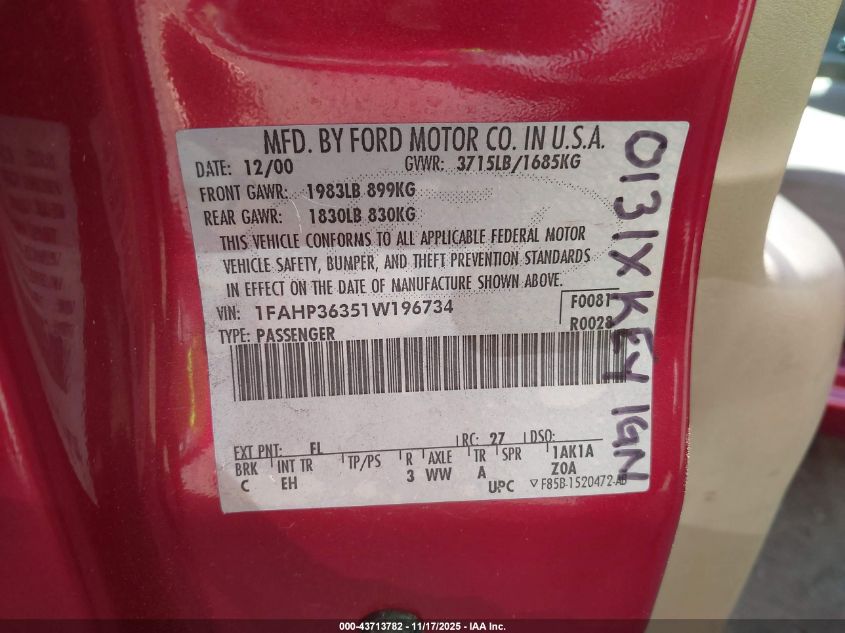 2001 Ford Focus Se VIN: 1FAHP36351W196734 Lot: 43713782