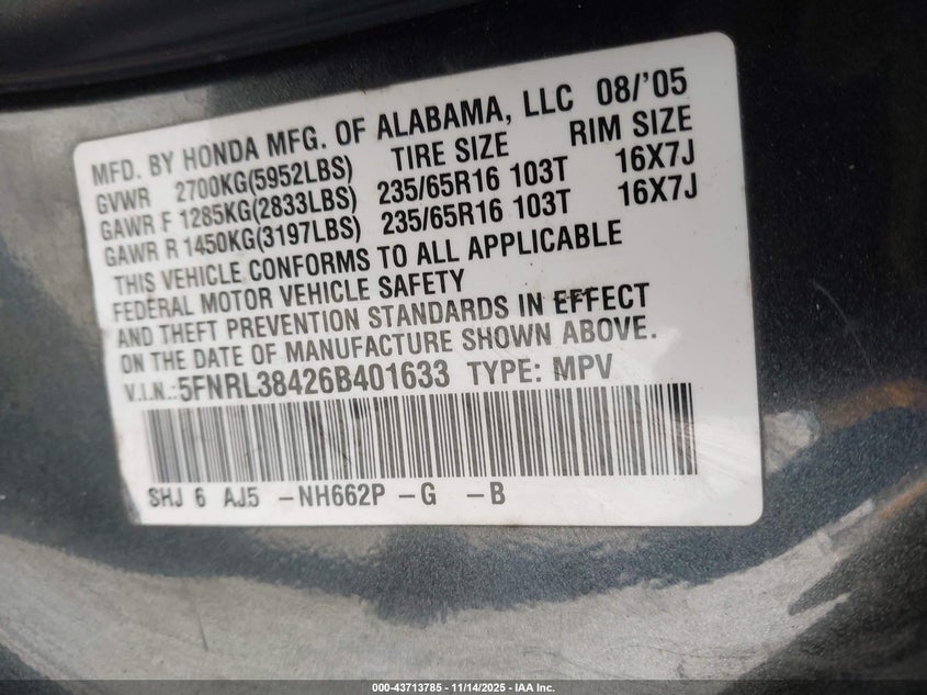 2006 Honda Odyssey Ex VIN: 5FNRL38426B401633 Lot: 43713785