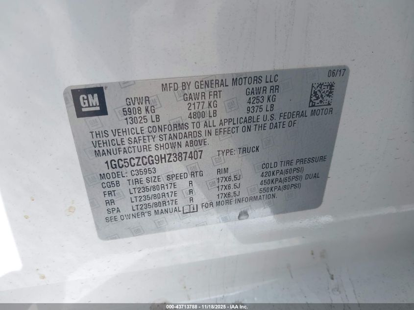 2017 Chevrolet Silverado 3500Hd Lt VIN: 1GC5CZCG9HZ387407 Lot: 43713788
