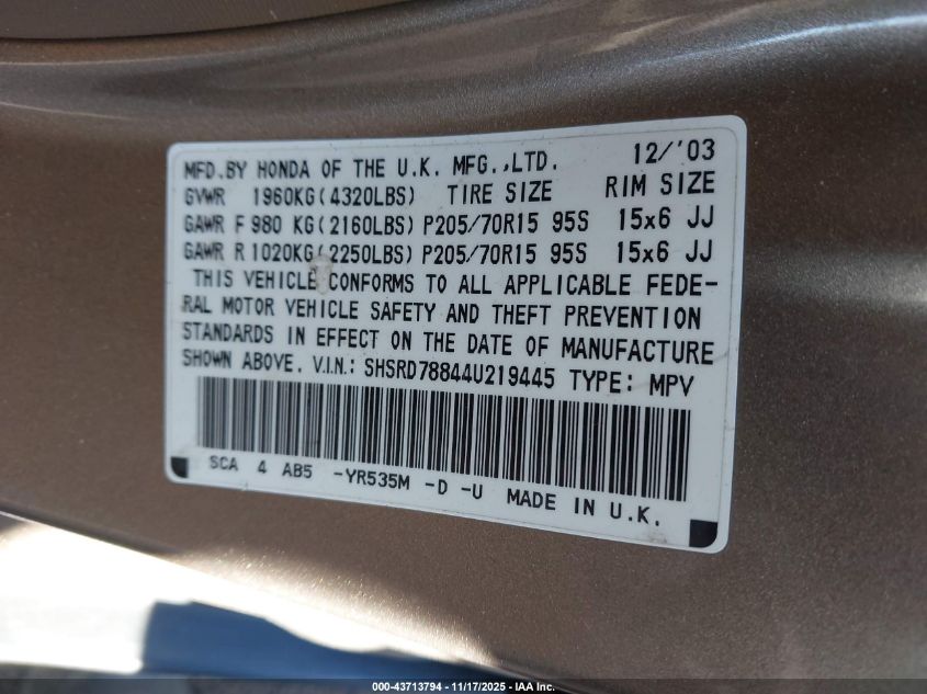 2004 Honda Cr-V Ex VIN: SHSRD78844U219445 Lot: 43713794
