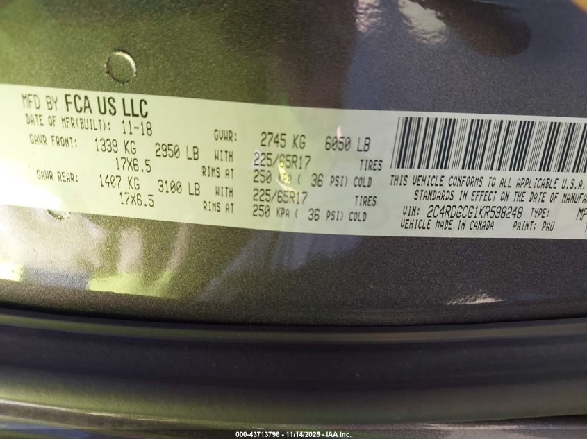 2019 Dodge Grand Caravan Sxt VIN: 2C4RDGCG1KR598248 Lot: 43713798