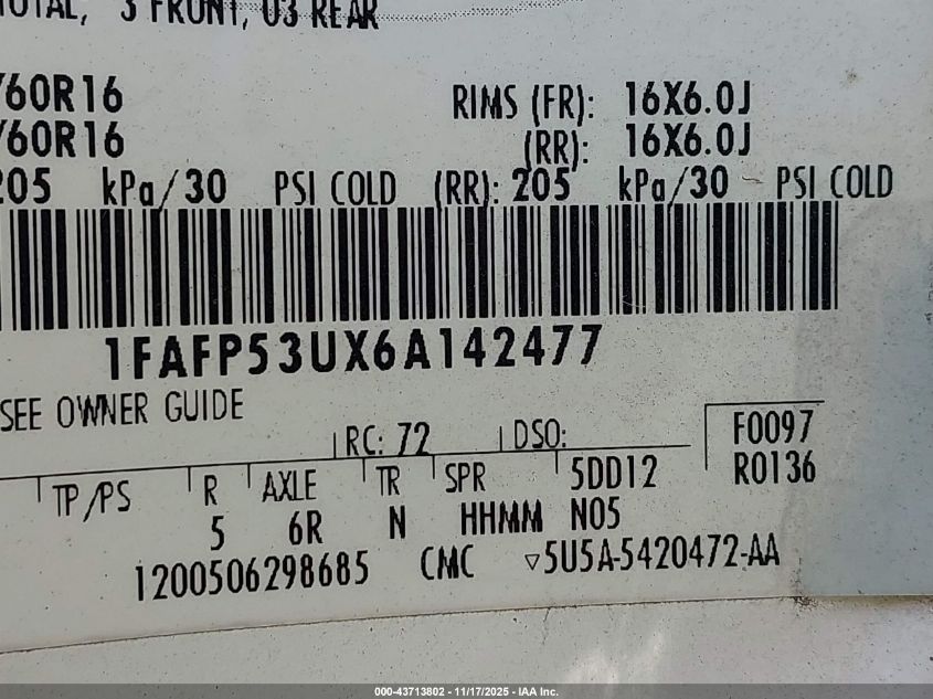 2006 Ford Taurus Se VIN: 1FAFP53UX6A142477 Lot: 43713802