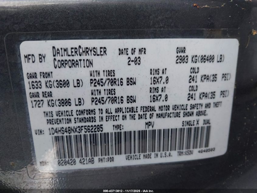 2003 Dodge Durango Slt VIN: 1D4HS48NX3F562285 Lot: 43713812