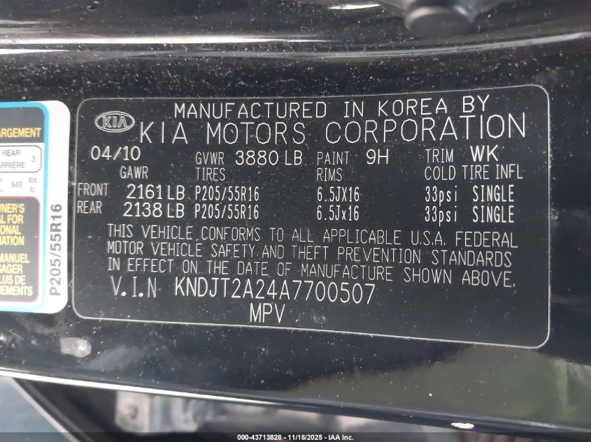 2010 Kia Soul + VIN: KNDJT2A24A7700507 Lot: 43713828