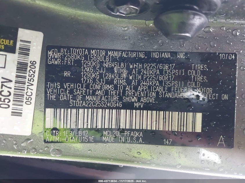 5TDZA22C25S240646 2005 TOYOTA SIENNA photo no. 9