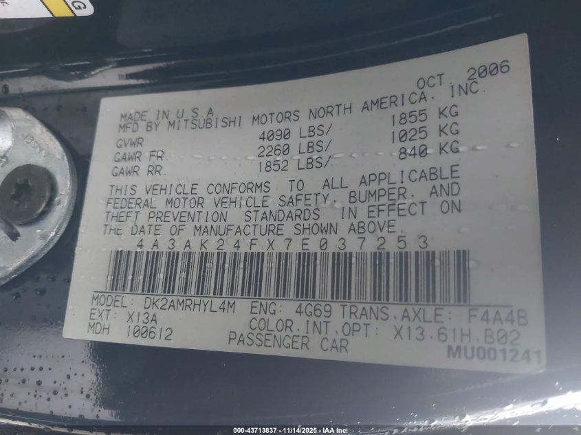 2007 Mitsubishi Eclipse Gs VIN: 4A3AK24FX7E037253 Lot: 43713837