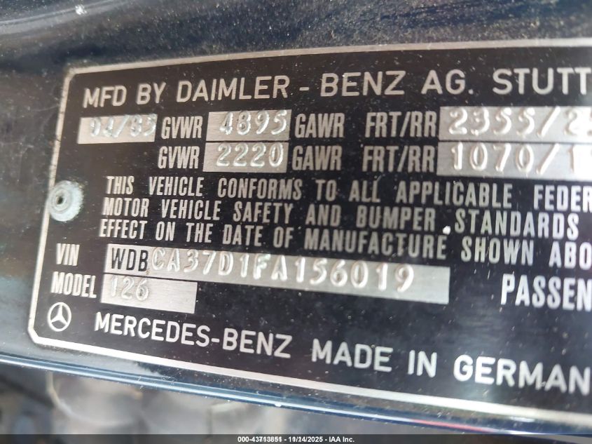 1985 Mercedes-Benz 500 Sel VIN: WDBCA37D1FA156019 Lot: 43713851