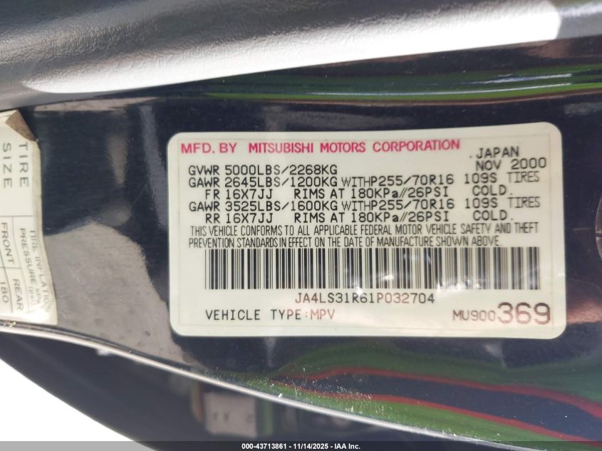 2001 Mitsubishi Montero Sport 3.5/Xls VIN: JA4LS31R61P032704 Lot: 43713861