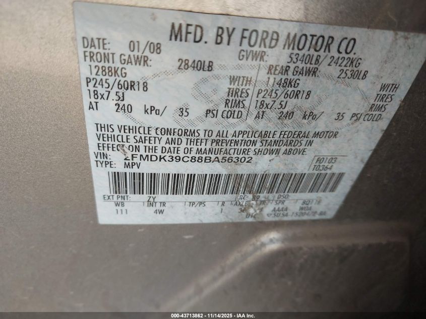 2008 Ford Edge Limited VIN: 2FMDK39C88BA56302 Lot: 43713862