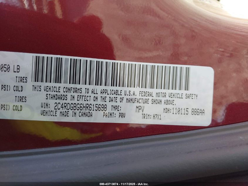 2017 Dodge Grand Caravan Se VIN: 2C4RDGBG6HR615698 Lot: 43713874