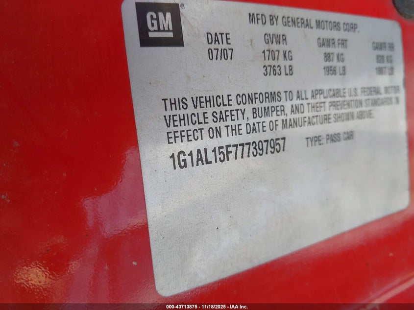 2007 Chevrolet Cobalt Lt VIN: 1G1AL15F777397957 Lot: 43713875