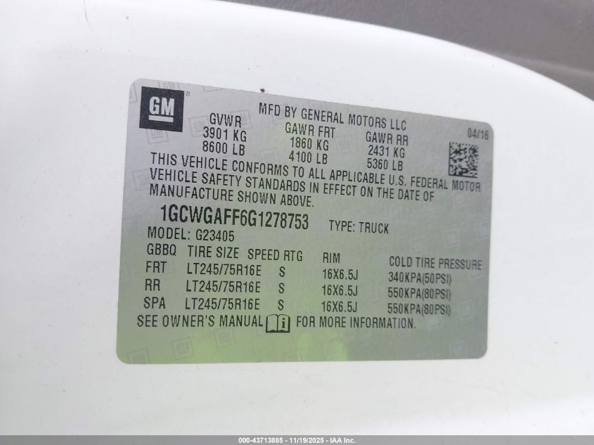 2016 Chevrolet Express 2500 Work Van VIN: 1GCWGAFF6G1278753 Lot: 43713885