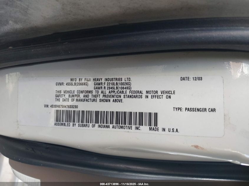 2004 Subaru Outback VIN: 4S3BH675947633230 Lot: 43713896