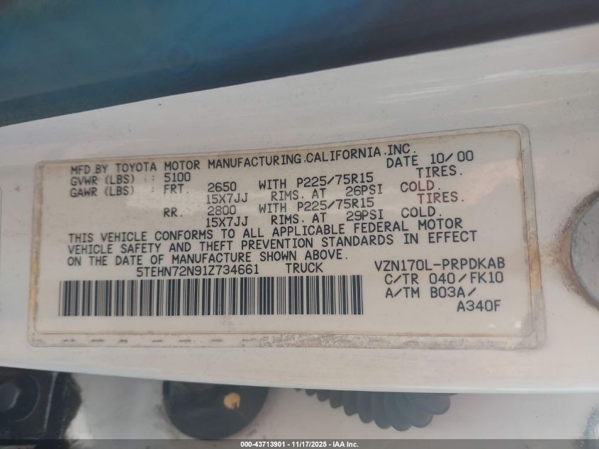 2001 Toyota Tacoma Base V6 VIN: 5TEHN72N91Z734661 Lot: 43713901