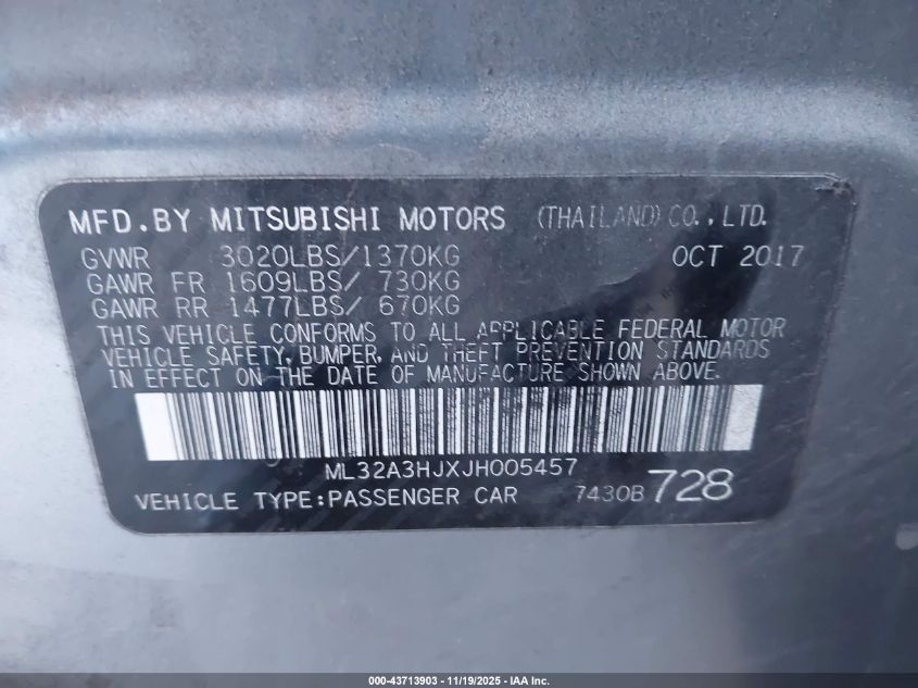2018 Mitsubishi Mirage Es VIN: ML32A3HJXJH005457 Lot: 43713903