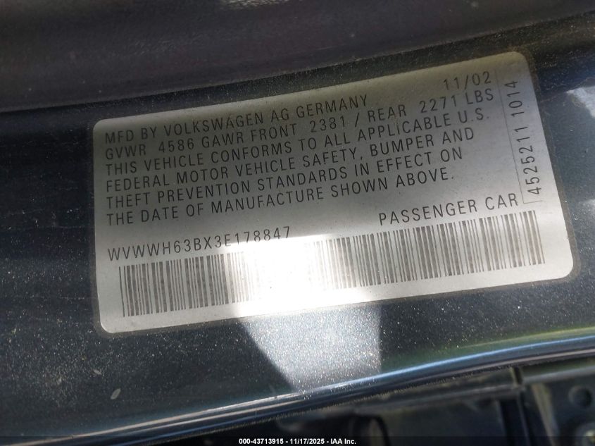 2003 Volkswagen Passat Glx VIN: WVWWH63BX3E178847 Lot: 43713915