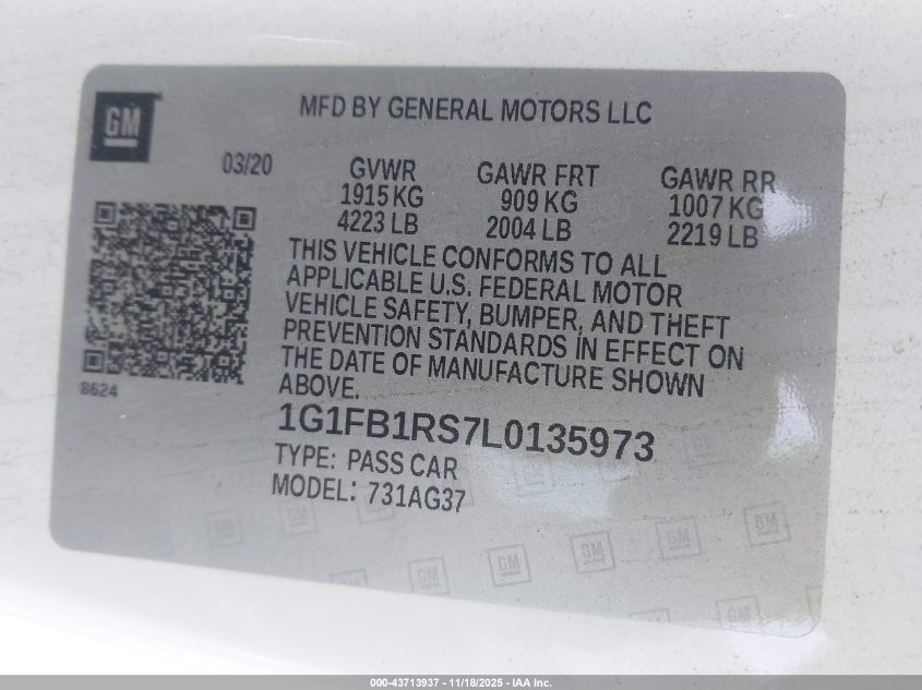 2020 Chevrolet Camaro Rwd 1Lt VIN: 1G1FB1RS7L0135973 Lot: 43713937
