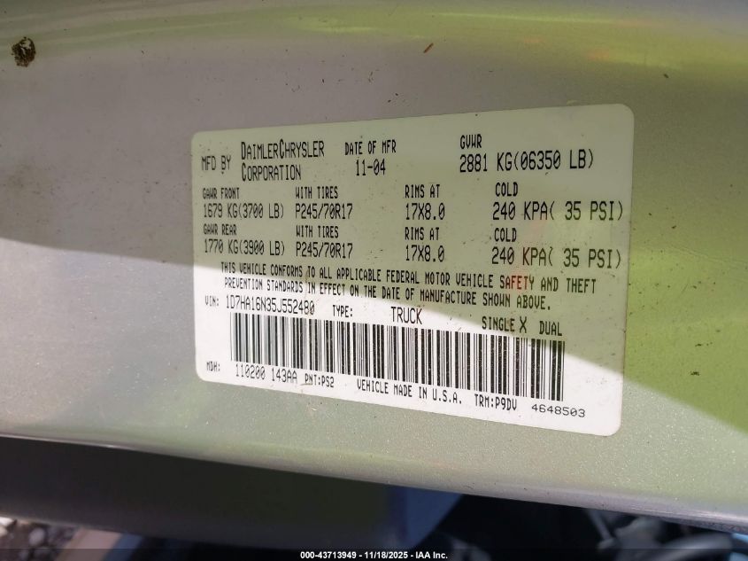 2005 Dodge Ram 1500 St VIN: 1D7HA16N35J552480 Lot: 43713949